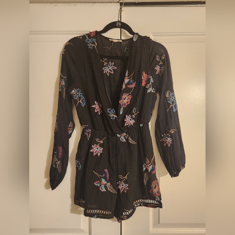 Black and floral embroidered romper